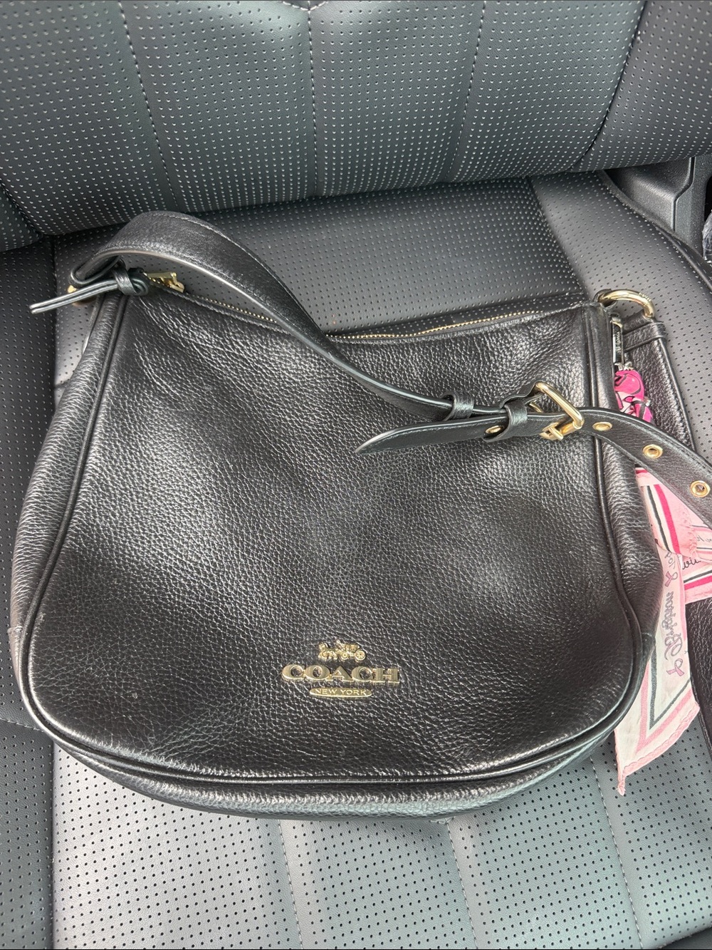 Coach Black Pebbled Leather Hobo with Gold Hardware and Pink Scarf Accent